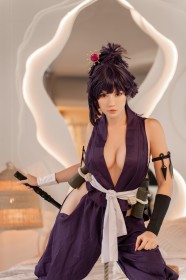 anastasia komori,caucasian,purple hair,cleavage,cosplay,women,bangs,japanese clothes,hell's paradise,kimono,ninja,non-nude,ponytail,medium tits,yuzuriha