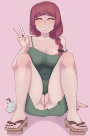 areola slip,sitting,bocchi the rock!,red hair,thighs,toes,anime girls,bangs,hiroi kikuri,legs,hair bow,feet,ponytail,sandals,no panties,smile,braid,peace sign,pussy,nail polish,toenail polish,closed eyes