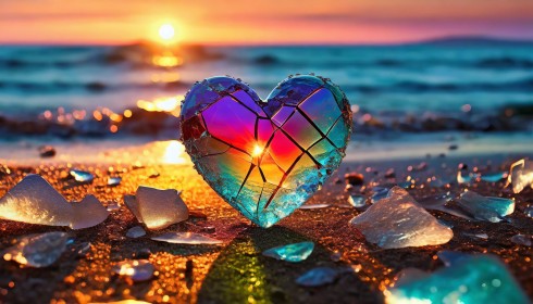 amour,coeur,coucher de soleil,cristal,plage,saint valentin,verre