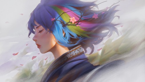 art digital,artwork,cheveux bleu,cheveux multicolores,fleurs,habits japonais,kimono,personnage feminin,portrait,yeux fermés