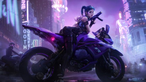 arme,artwork,assis,background violet,cheveux bleu,cul,cyberpunk,dehors,futuriste,lunette,mitraillette,moto,neon,pantalon,penchée,personnage feminin,rue,talon aiguille,tresse,ville