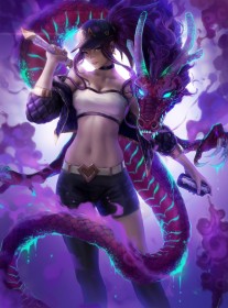 akali,art digital,artwork,background violet,casquette,cheveux violet,choker,cleavage,creature,debout,dragon,jeux video,league of legends,personnage feminin,queue de cheval,short,tubetop,veste