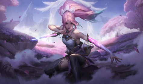 akali,arme,artwork,cheveux rose,dague,dehors,fantasy,fleur de cerisier,jeux video,league of legends,personnage feminin,pétales,position de combat,queue de cheval