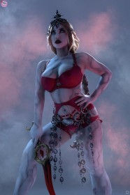 weapon,baldur's gate,caucasian,blonde hair,cosplay,panties,dagger,standing,women,big tits,non-nude,orin the red,white skin,garter belt,ponytail,lipstick,bra,white eyes,zoe volf