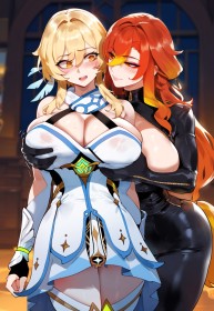 2 filles,bas,cheveux blond,cheveux orange,cleavage,combinaison,courbée,debout,fille anime,gants,genshin impact,gros seins,groupe de filles,habits brillants,hanches larges,ia art,lumine (genshin impact),mavuika (genshin impact),non-nude,peau brillante,robe,rougeur,seins énormes,seins saisis,sourire,très long cheveux,yeux jaune,yeux orange,yuri