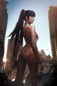 caucasian,black hair,bodysuit,cosplay,ass,standing,outdoors,eve (stellar blade),women,bangs,shiny clothes,latex,non-nude,ponytail,looking back,stellar blade,very long hair,xenoncos