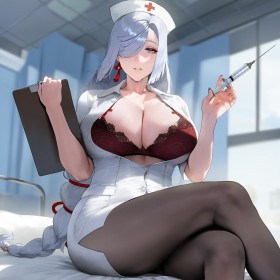 assis,chapeau,cheveux argenté,cleavage,collant,courbée,fille anime,genshin impact,gros seins,habits ouverts,ia art,infirmière,jambes croisées,non-nude,oeil caché,queue de cheval,seins énormes,shenhe (genshin impact),soutif,très long cheveux,tresse,yeux bleu