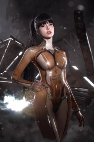 caucasian,black hair,bodysuit,cosplay,standing,eve (stellar blade),women,bangs,smoke,shiny clothes,latex,hand on hip,non-nude,ponytail,stellar blade,tattoo,very long hair,xenoncos