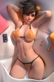 3d,aisselle,bikini,blizzard entertainment,bras levés,cheveux chatain,cheveux court,fille anime,gros seins,lit,non-nude,overwatch,string,sur le dos,tracer,underboob