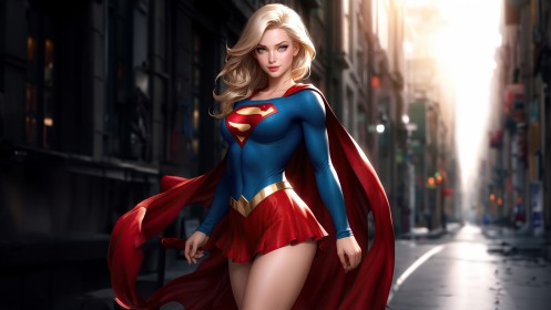 artwork,cape,cheveux blond,cheveux court,cuisses,grosses cuisses,ia art,jupe,marvel,mini jupe,personnage feminin,sourire,super-héroïne,supergirl,superman (series),yeux bleu