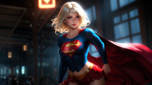 artwork,cape,cheveux blond,cheveux court,ia art,jupe,marvel,mini jupe,personnage feminin,sourire,super-héroïne,supergirl,superman (series),yeux bleu