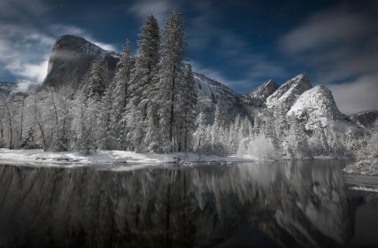 arbres,eau,états unis,étoiles,hiver,lac,nature,neige,nuit,paysages,réflexion