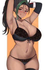 aisselle,bras levés,cheveux brun,cheveux multicolores,cleavage,courbée,culotte,debout,fille anime,gants,gants de coude,goutte de sueur,gros seins,hanches larges,lèche les lèvres,nemona (pokemon),non-nude,peau foncée,pokemon,pupille coeur,pupille symbole,queue de cheval,rougeur,sourire,soutif,tire la langue