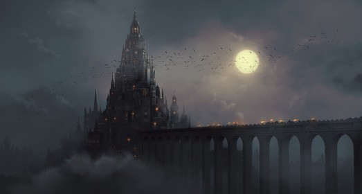 artwork,brume,chateau,chauve souris,fantasy,lune,nuit,oiseau,pont