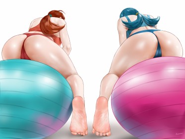 2 girls,sitting,balloon,cameltoe,blue hair,orange hair,twintails,thighs,ass,panties,delia ketchum,toes,anime girls,huge ass,thick thighs,multiple girls,legs,lana's mother (pokemon),non-nude,feet,barefoot,soles,pokemon,ponytail,sports bra,thong,no face