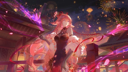 artwork,asie,cheveux rose,festival,feu d'artifice,fille renard,gants,gants de coude,genshin impact,lanterne,mèche entre les yeux,nuit,personnage feminin,pétales,robe,ruban à cheveux,sourire,très long cheveux,yae miko,yeux violet