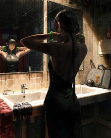 artwork,assassin,bras levés,cheveux brun,debout,guweiz,interieur,miroir,personnage feminin,queue de cheval,robe,sang,tresse