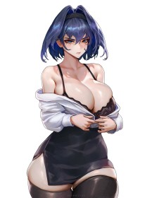 bandeau,bas,bas de lingerie,chemise,cheveux bleu,cheveux court,cleavage,courbée,cuisses,fille anime,gros seins,grosses cuisses,habits ouverts,hanches larges,hololive,jupe,mèche entre les yeux,mini jupe,non-nude,office lady,ouro kronii,peau brillante,rougeur,se déshabille,seins énormes,soutif,yeux bleu