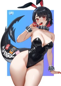 accessoire de cheveux,barrette,cheveux brun,cheveux court,cheveux multicolores,cleavage,costume de lapin,courbée,cuisses,debout,dents pointues,ellen joe,fausses oreilles animaux,fille anime,fille requin,frange,gros seins,grosses cuisses,habits brillants,hanches larges,leotard,non-nude,queue,rougeur,sucette,thigh gap,vernis mains,yeux rouge,zenless zone zero