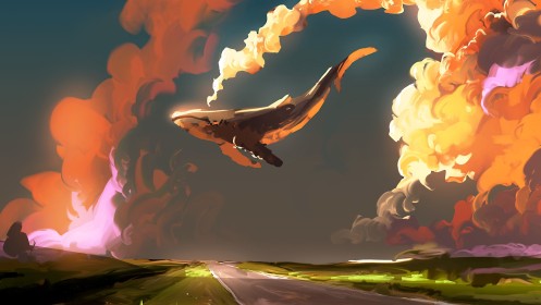 artwork,baleine,ciel,dans les airs,fantasy,nuages,route