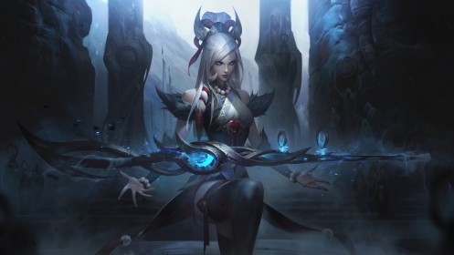 artwork,bas,botte,botte longue,caitlyn kiramman,cheveux blanc,cornes,headgear,jeux video,league of legends,personnage feminin,robe,yeux bleu