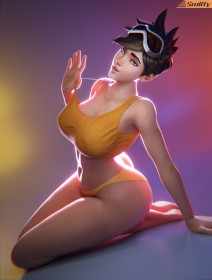 3d,assis,blizzard entertainment,cheveux brun,cheveux court,cuisses,culotte,fille anime,gros seins,grosses cuisses,hanches larges,jambes,non-nude,overwatch,seins énormes,sourire,tracer