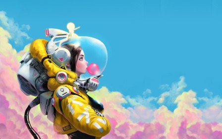 artwork,astronaute,casque,chewing gum,coloré,nuages,personnage feminin