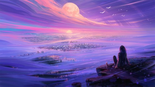 aenami,artwork,assis,ciel,environnements,lune,oiseau,paysages urbains,solitude