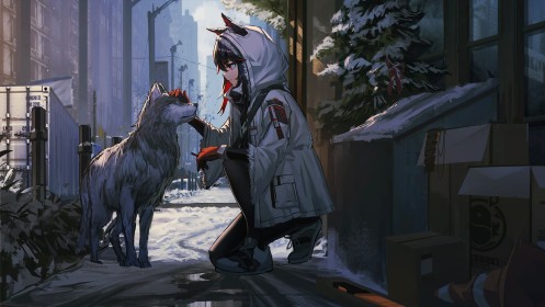 à genou,animal humanoide,arknights,artwork,cheveux multicolores,dehors,fille loup,hiver,loup,manteau,neige,oreilles animaux,personnage feminin,ruelle,texas (arknights),yeux orange