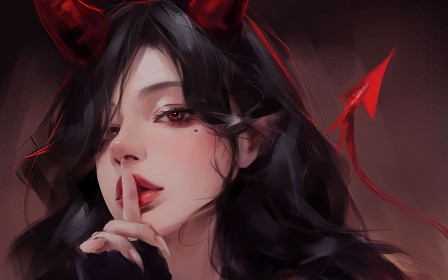 artwork,cheveux brun,cornes,demon,doigt sur la bouche,fille demon,ongles longs,personnage feminin,portrait,queue,yeux orange