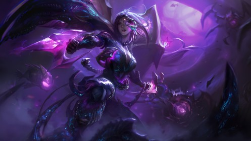 ailes,armure,art digital,artwork,background violet,jeux video,kai'sa,league of legends,personnage feminin,yeux violet