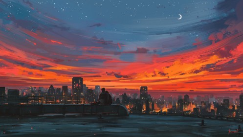 aenami,artwork,building,ciel,coloré,coucher de soleil,couple,environnements,étoiles,lune,paysages urbains,toit,ville