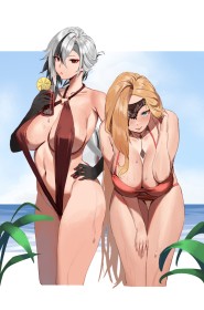 2 filles,à la plage,arlecchino (genshin impact),bikini,cache-oeil,cheveux argenté,cheveux blond,cheveux multicolores,cleavage,debout,dehors,en train de boire,fille anime,gants,genshin impact,gros seins,groupe de filles,maillot de bain,non-nude,penchée,sideboob,signora (genshin impact),sourire,yeux bleu