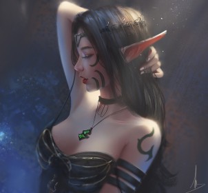 artwork,arms up,black hair,choker,elf,fantasy,pointy ears,fantasy girl,lipstick,closed eyes