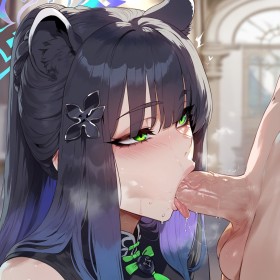 accessoire de cheveux,animal humanoide,blue archive,cheveux brun,cheveux multicolores,fellation,fille anime,frange,ia art,oreilles animaux,penis,queue de cheval,respiration lourde,salive,shun (blue archive),tire la langue,trait de salive,yeux vert