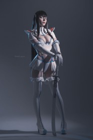 weapon,thighhighs,caucasian,black hair,cleavage,full body,cosplay,standing,sword,women,bangs,skirt,kill la kill,kiryuuin satsuki,michi kyunn,miniskirt,non-nude,medium tits,high heels,very long hair