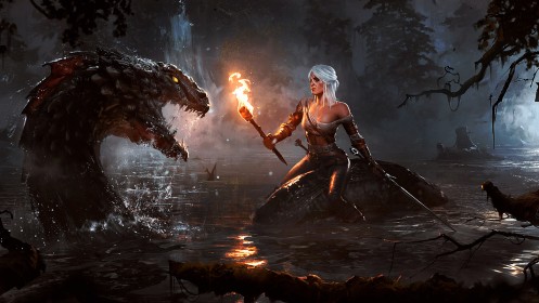 arme,artwork,assis,cd projekt red,cheveux blanc,ciri,creature,dans l'eau,dark fantasy,eau,épée,fantasy,jeux video,personnage feminin,the witcher,torche