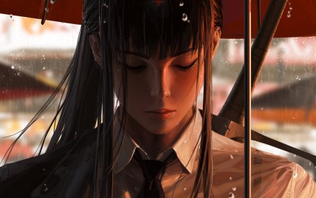 weapon,artwork,black hair,necktie,sword,bangs,sweatdrop,guweiz,umbrella,fantasy girl,rain,portrait,ponytail,closed eyes