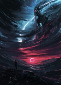 aenami,ciel,demon,eclipse solaire,étoiles,nuit,silhouette