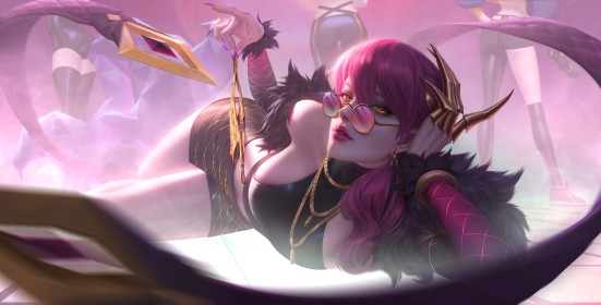 artwork,cheveux rose,evelynn,jeux video,league of legends,lunette de soleil,ongles longs,personnage feminin,vernis mains,yeux jaune