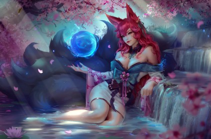 ahri,animal humanoide,artwork,assis,cascade,cheveux rouge,cleavage,dans l'eau,dehors,fille renard,fleur de cerisier,habits japonais,jeux video,league of legends,magie,mèche entre les yeux,multiples queues,ongles longs,oreilles animaux,queue,vernis mains,yeux bleu