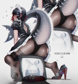 aelion draws,sitting,hairband,black hair,short hair,multicolored hair,pantyhose,steaming body,ass,toes,ellen joe,anime girls,shark girl,bangs,torn clothes,maid,multiple views,non-nude,feet,soles,tail,dress,blush,high heels,zenless zone zero