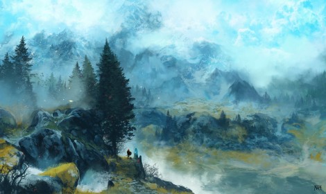 arbres,artwork,brume,environnements,guerrier,jeux video,montagne,nature,paysages,the elder scrolls