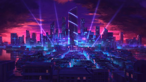 artwork,background violet,building,cyberpunk,gratte ciel,neon,paysages urbains,science fiction,ville