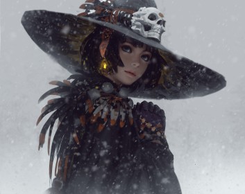 artwork,hat,black hair,short hair,skull,fantasy,guweiz,snow,fantasy girl,blue eyes