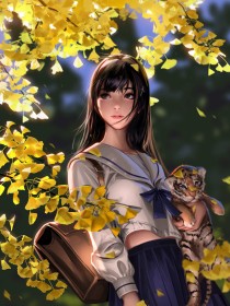 accessoire de cheveux,animaux,artwork,automne,barrette,branche,cheveux brun,dehors,feuille,frange,jeunes animaux,liang xing,personnage feminin,serafuku,tigre,uniforme,uniforme scolaire