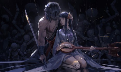 arme,artwork,cheveux brun,couple,épée,instrument,katana,marionette,musique,personnage feminin,personnage masculin,très long cheveux,wlop