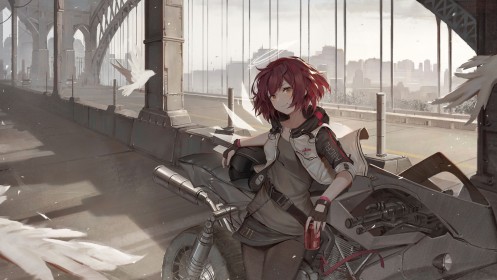 arknights,artwork,cheveux court,cheveux rouge,exusiai,gants,gants sans doigts,moto,personnage feminin,sourire,veste,yeux marron