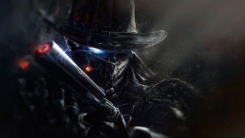 arme,artwork,background noir,chapeau,cigare,cowboy,futuriste,personnage masculin,pistolet,robot,science fiction,sombre,yeux brillants