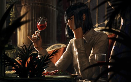 artwork,chemise,cheveux brun,cheveux court,frange,guweiz,personnage feminin,restaurant,vernis mains,verre